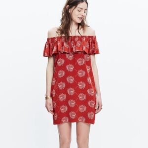Madewell | Silk Off the Shoulder Dress | Orange Palm flower print | Size Medium